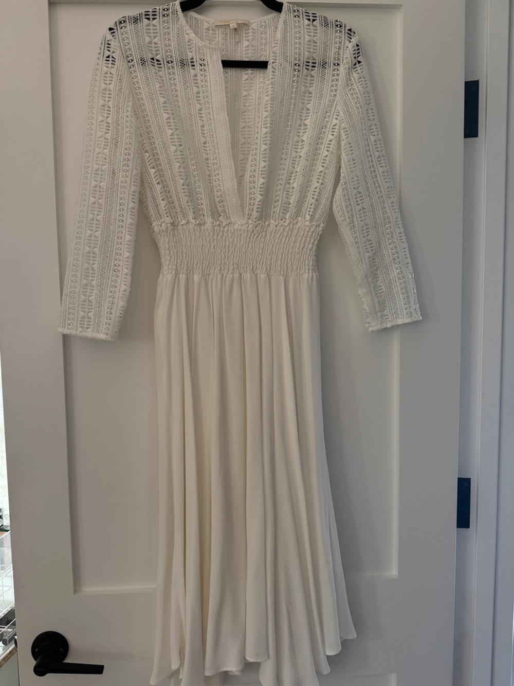 Maje White Lace Bodice Smocked Waist Midi Dress